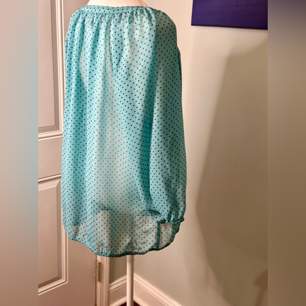 Liz Claiborne Sheer Teal Polka Dot Blouse - Picture 7 of 11